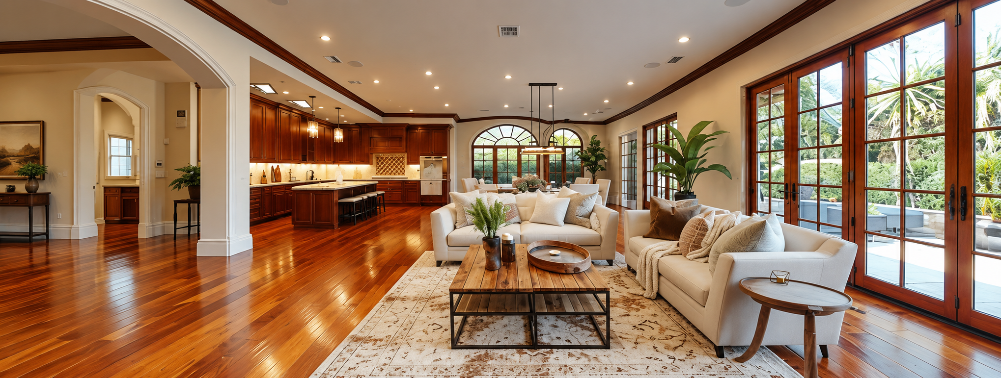 A teal living room with a carved solid wood TV cabinet and brass-edged details